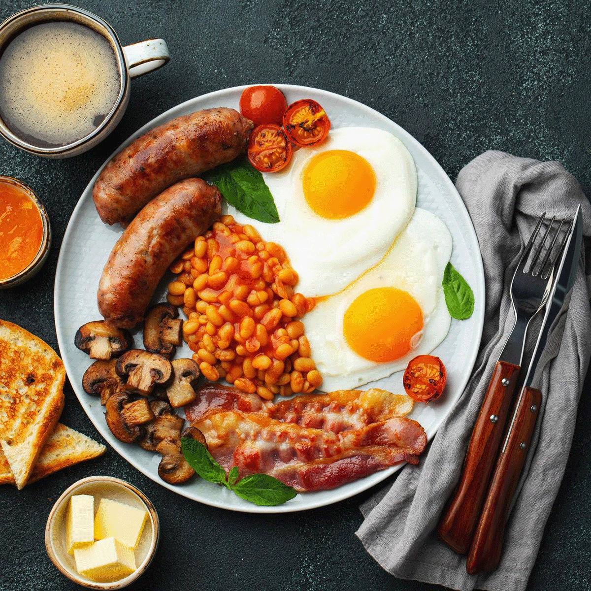 Hearty breakfast with beef breakfast sausages